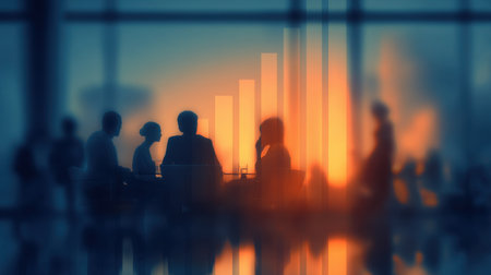 A business meeting at sunset showcases silhouettes of professionals engaged in discussion with a backdrop of growth graphs.の素材