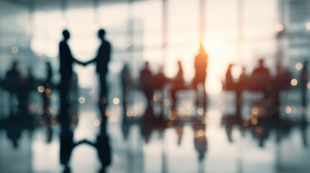 Two business professionals shake hands in a modern office setting, showcasing teamwork and collaboration against a soft-focused background with warm sunlight.の素材