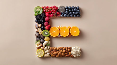Vibrant arrangement of various fresh fruits and nuts creatively shaped into the letter E, highlighting healthy eating and nutrition.の素材