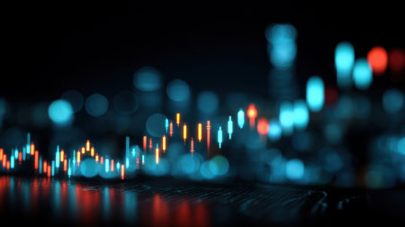 This abstract image captures a financial trading chart with bright candlesticks, set against a blurred backdrop of city lights at night.の素材