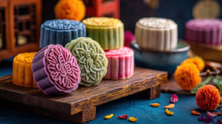 A beautifully arranged collection of colorful mooncakes on a wooden tray, celebrating the Mid-Autumn Festival with vibrant decorations and an inviting atmosphere.の素材
