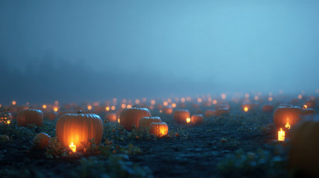 A serene pumpkin patch emerges from the mist, showcasing glowing lanterns amidst a soft blue ambiance that evokes autumn spirit and tranquility.の素材