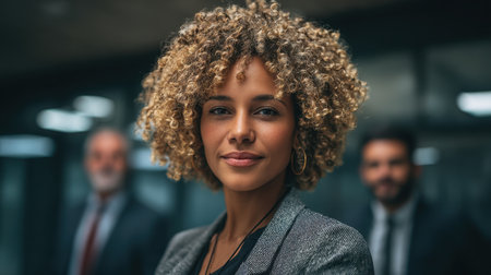 A confident businesswoman with curly hair stands in a modern office, embodying professionalism and leadership, with colleagues in the background.の素材
