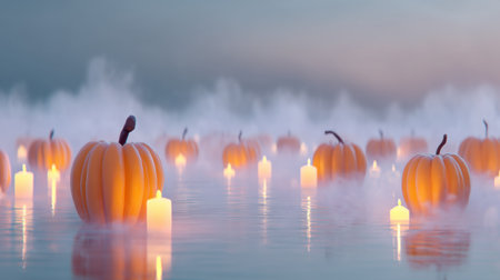 A mesmerizing scene featuring glowing pumpkins and candles amidst a misty water landscape, ideal for autumn-themed imagery and celebrations.の素材