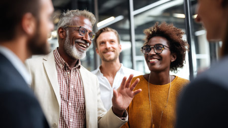 A group of diverse professionals engages in a vibrant discussion within a modern office, showcasing collaboration, connection, and innovation.の素材