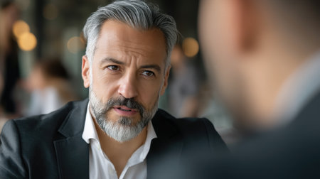 A middle-aged man in formal attire sits thoughtfully in a modern cafe, engaged in a serious conversation, showcasing deep emotion and focus.の素材