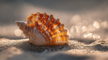 A stunning seashell is positioned gracefully on fine sand during sunset, illuminating its beautiful patterns and colors in a serene atmosphere.の素材