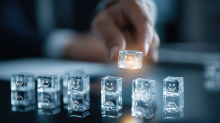 A hand reaches for a smiley ice cube, symbolizing fun and creativity. This image captures a moment of joy and playfulness, perfect for marketing ideas.の素材