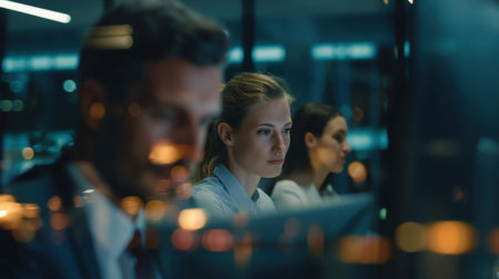 A trio of focused professionals displays determination while working late in a modern office, illuminated by city lights reflecting through glass.の素材