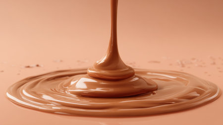 A close-up view of shiny liquid chocolate gracefully pouring onto a soft surface, showcasing creamy texture in warm tones, perfect for culinary designs.の素材
