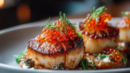 A beautifully plated dish featuring perfectly seared scallops topped with vibrant fish roe and fresh herbs, showcasing exquisite culinary artistry.の素材