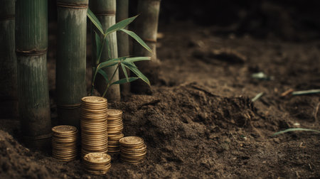 This image features a vibrant scene where a stack of gold coins rests in rich soil beside lively bamboo shoots. It symbolizes growth, prosperity, and the harmonious balance between nature and wealth.の素材