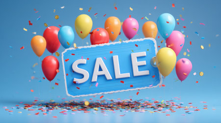 Cheerful scene featuring vibrant balloons and colorful confetti surrounding a bold sale sign, perfect for marketing promotions and festive events.の素材