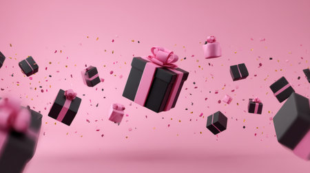 This vibrant image features flying black and pink gift boxes adorned with bows, surrounded by colorful confetti against a soft pink backdrop, conveying joy and celebration.の素材