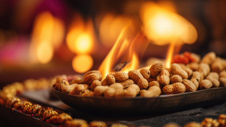 A captivating close-up of roasted peanuts on a plate, surrounded by flickering flames and soft lighting that enhances the celebratory atmosphere.の素材