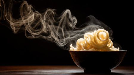 A captivating image of steaming noodles in a bowl, creating an enticing culinary atmosphere with gentle smoke swirling in a dark setting.の素材