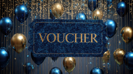 This elegant voucher design showcases a stunning arrangement of golden and blue balloons against a backdrop of sparkling lights, perfect for celebrations.の素材