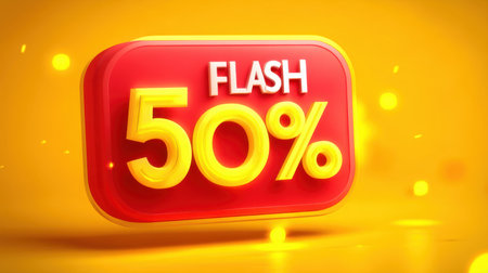 This vibrant image features a bold red banner announcing a flash sale with a striking 50 percent discount on a bright yellow background. Perfect for promotions.の素材