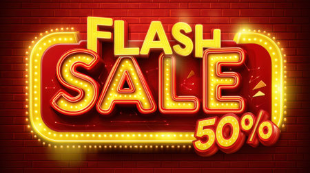 Eye-catching neon sign displays a 50% flash sale in a vibrant setting, perfect for retail promotions and marketing efforts for any business.の素材