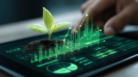 A small green plant emerges from soil on a tablet screen, surrounded by vibrant data visualizations illustrating growth trends and analytics.の素材