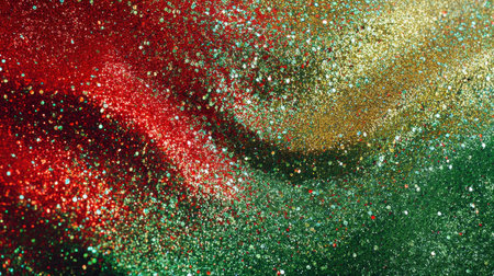 A mesmerizing display of red, green, and gold glitter creating a vibrant shimmering background perfect for festive celebrations and holiday themes.の素材