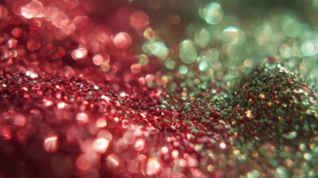 A captivating close-up of sparkling red and green glitter creates a joyful and festive atmosphere, perfect for holiday celebrations and events.の素材