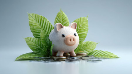 A charming piggy bank rests amidst lush green leaves and a pile of coins, embodying the concept of financial growth and savings in a visually appealing manner.の素材