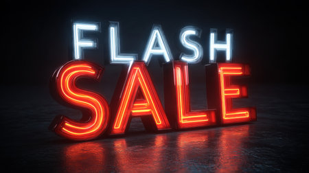 A stunning neon flash sale sign glowing against a dark backdrop, perfect for commercial marketing, promotions, and engaging advertising events.の素材