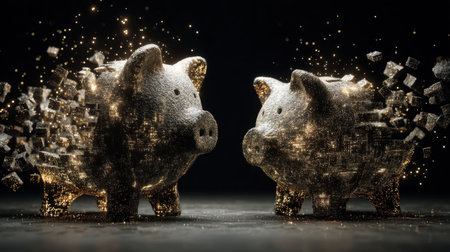 Two golden piggy banks appear to face each other, surrounded by shimmering particles and digital effects, symbolizing wealth and financial growth.の素材