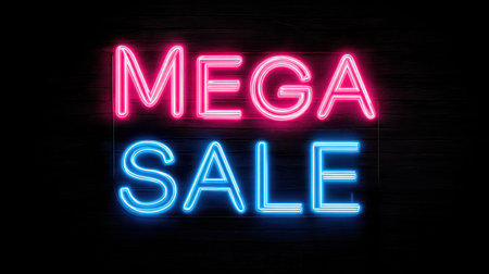 This neon sign features a vibrant 'Mega Sale' display in pink and blue, perfect for attracting attention to promotions and events. Its bright colors and glow enhance any commercial setting, making it an ideal choice for retail advertising.の素材