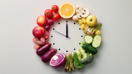 This artistic arrangement features fresh fruits and vibrant vegetables styled as a clock, symbolizing healthy eating and nutrition. Perfect for promoting wellness.の素材