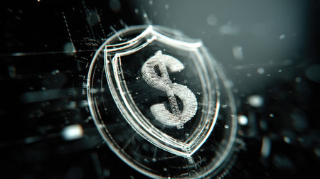 A digital shield symbolizing security and protection in finance, featuring a dollar sign at its center, perfect for illustrating concepts of safety in cyber finance.の素材