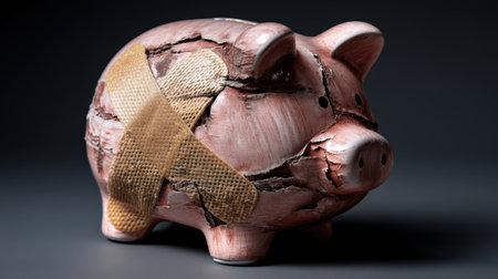 A broken piggy bank with a bandage symbolizes the challenges of saving and managing finances. It reflects the reality of financial struggles faced by many individuals in their budgeting efforts.の素材