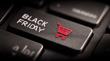 This image captures a close-up of a keyboard featuring a prominent Black Friday shopping button, symbolizing online retail promotions and consumer excitement.の素材