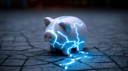 A cracked piggy bank emitting blue lightning symbolizes the challenges of managing finances and the impact of economic uncertainties on savings.の素材
