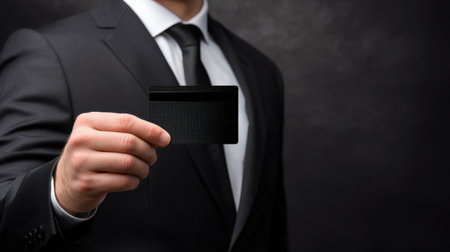 A well-dressed business professional holds a sleek black credit card against a dark background. This image symbolizes finance, trust, and modern commerce.の素材