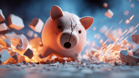 A dramatic image of a shattered piggy bank with flying debris and sparks symbolizes financial challenges and struggles. The visual represents breaking dreams and unexpected financial setbacks.の素材