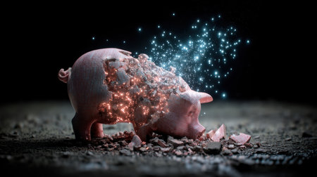 A captivating image showcasing a broken piggy bank, with coins and sparks scattering in a dark setting, evoking a sense of magic and creativity.の素材
