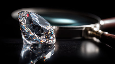 An exquisite close-up of a brilliant diamond alongside a magnifying glass, highlighting the gem's clarity and stunning reflections on a dark surface.の素材