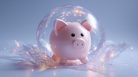 A charming piggy bank enclosed in a shimmering bubble creates a whimsical and modern representation of savings and finance. Perfect for educational content.の素材