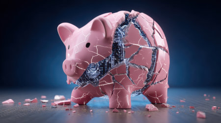 This image illustrates a cracked piggy bank with digital components emerging, symbolizing the shift in financial stability and economic growth amidst technological advancements.の素材