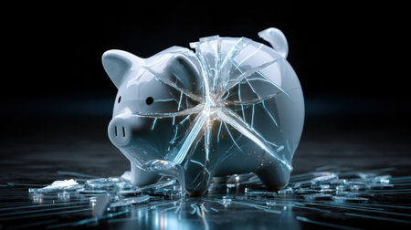A shattered piggy bank surrounded by broken glass on a dark background symbolizes significant economic loss, financial challenges, and the impact of damaged savings.の素材