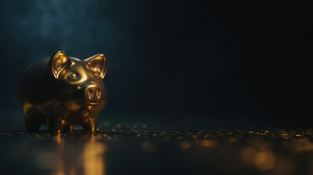 A stunning golden piggy bank sits on a dark surface, surrounded by shimmering coins, symbolizing the importance of saving and investing for future financial success.の素材