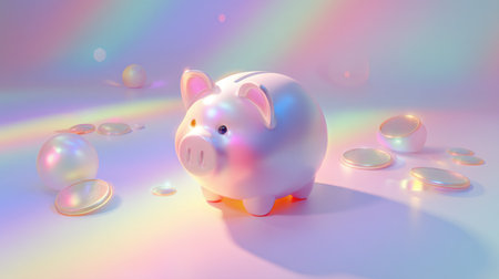 An artistic depiction of a shiny piggy bank surrounded by colorful coins and pearls, set against a soft pastel background showcasing themes of savings and finance.の素材