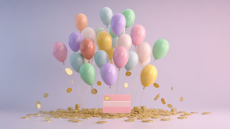A visually appealing arrangement featuring colorful balloons and golden coins surrounding a gift box, perfect for celebrations and festive events.の素材