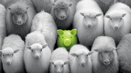 This striking image captures a vibrant green piggy bank surrounded by a flock of white sheep, representing unique financial ideas. The contrast inspires creativity in investment.の素材