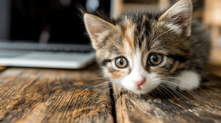 An adorable fluffy kitten gazes curiously towards the camera from a wooden surface with a laptop in the background, evoking warmth and charm.の素材