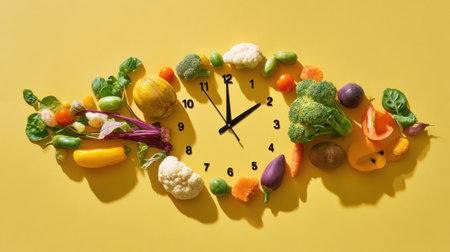 A striking arrangement of fresh vegetables and greens creatively forms a clock on a bright yellow background, symbolizing healthy eating and time for nutrition. Perfect for food or wellness themes.の素材