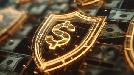 A striking golden shield with a dollar symbol stands out against a background of money imagery, representing security in finance. Perfect for financial themes.の素材