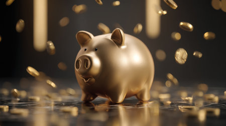 A shiny golden piggy bank surrounded by floating gold coins creates a luxurious atmosphere, symbolizing financial growth and prosperity. Perfect for financial themes.の素材